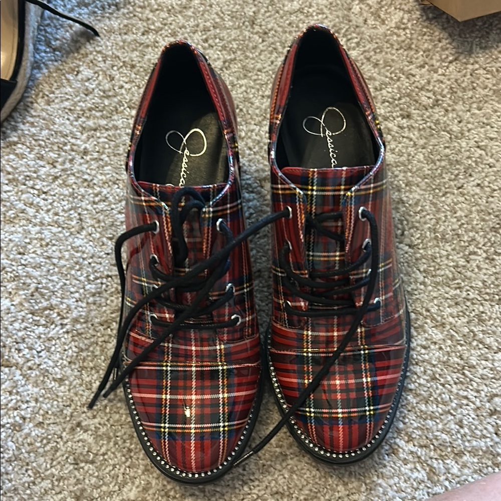 Jessica Simpson Red and Black Plaid Heels